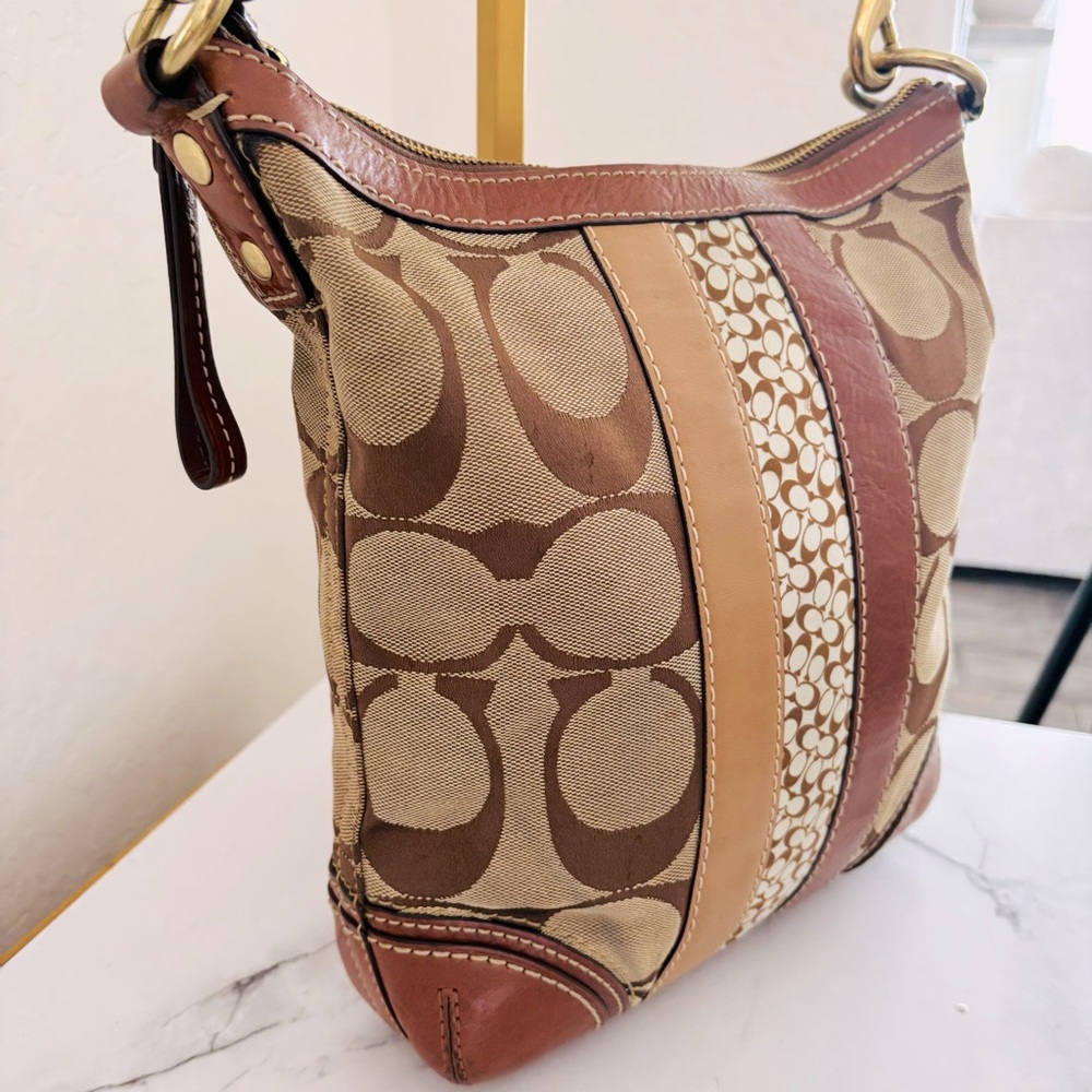 Coach Brown Leather Signature C Hampton Canvas Stripe Shoulder Bag Handbag 10542 - Picture 3 of 11